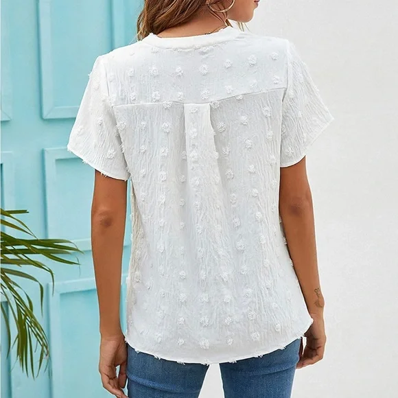 Blooming Jelly White Shirt Short Sleeve Chiffon Blouse V Neck Casual Top - Picture 2 of 4
